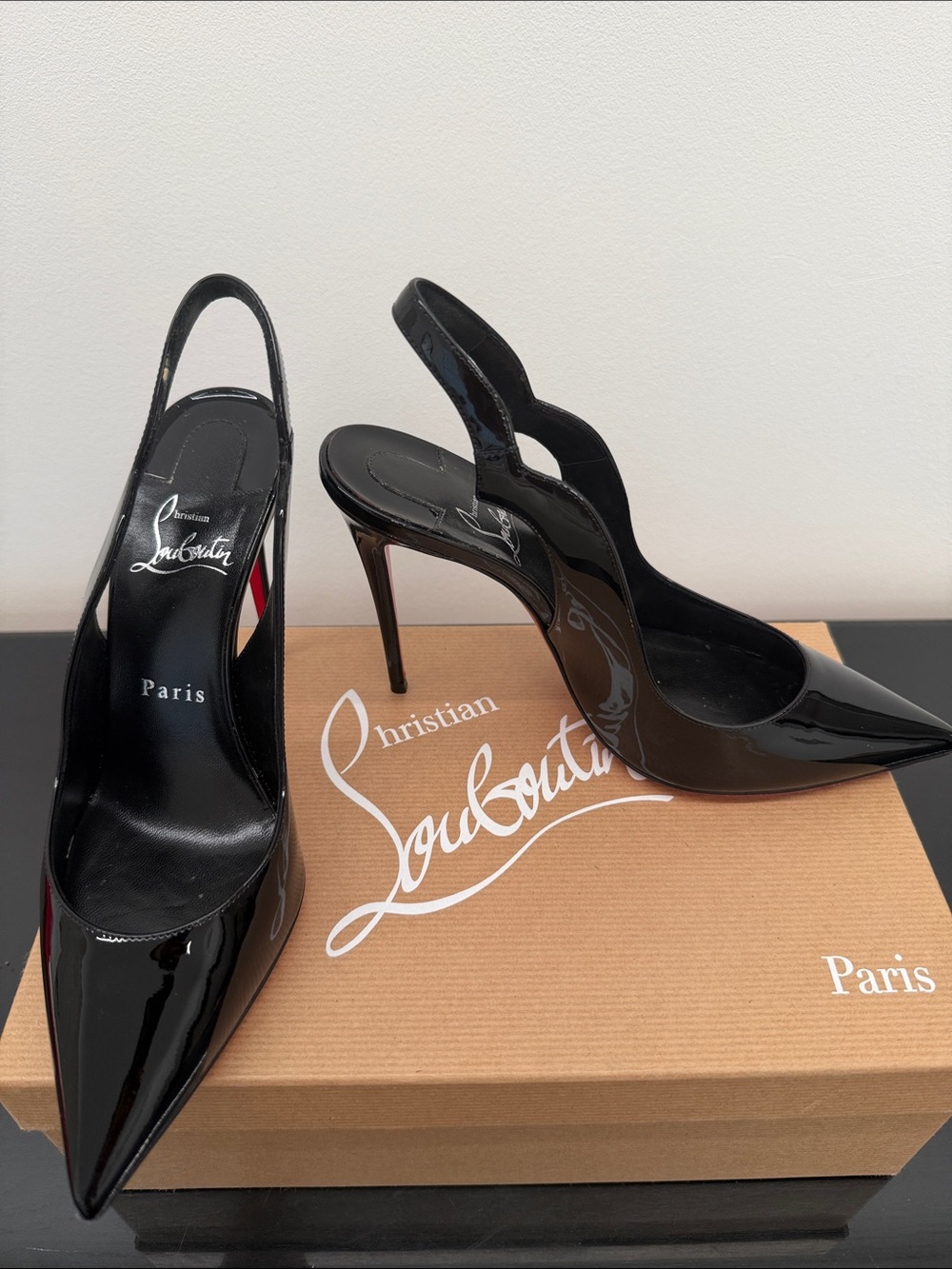 Christian Louboutin Black Patent Slingback Pointed-Toe Pumps